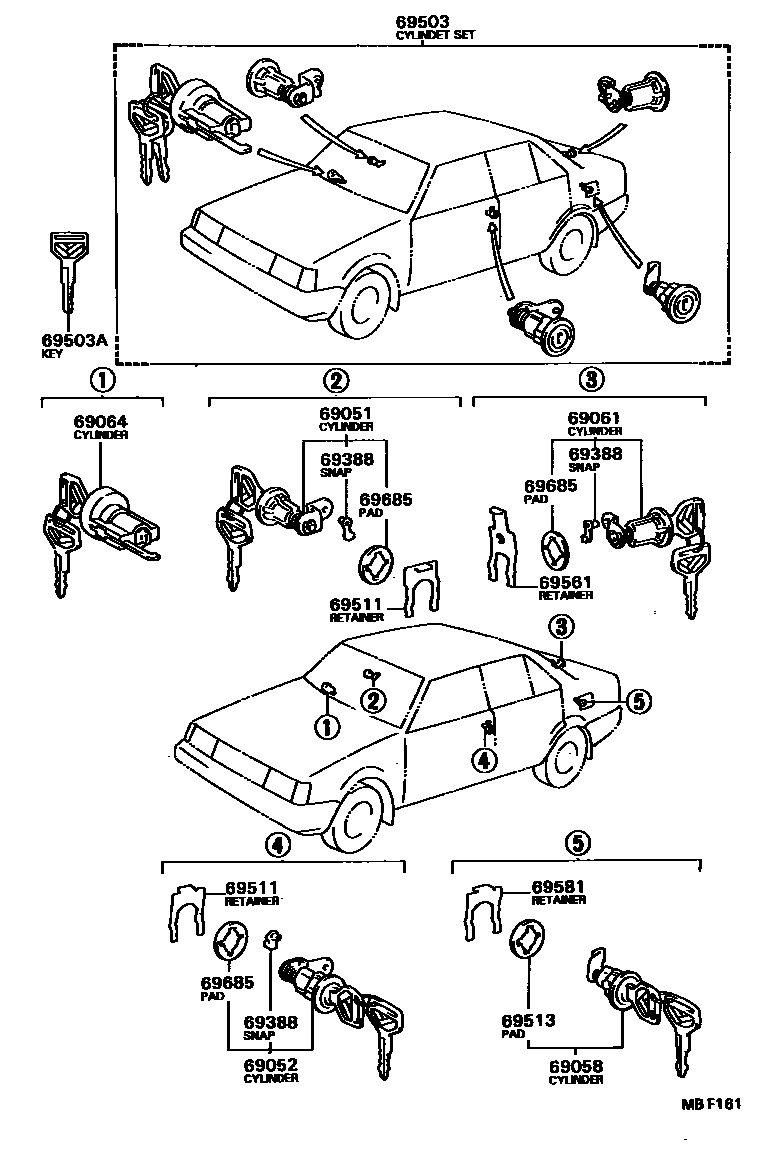 Комплект замков на Toyota Королла AE82R - Запчасти - Амаяма (Amayama)