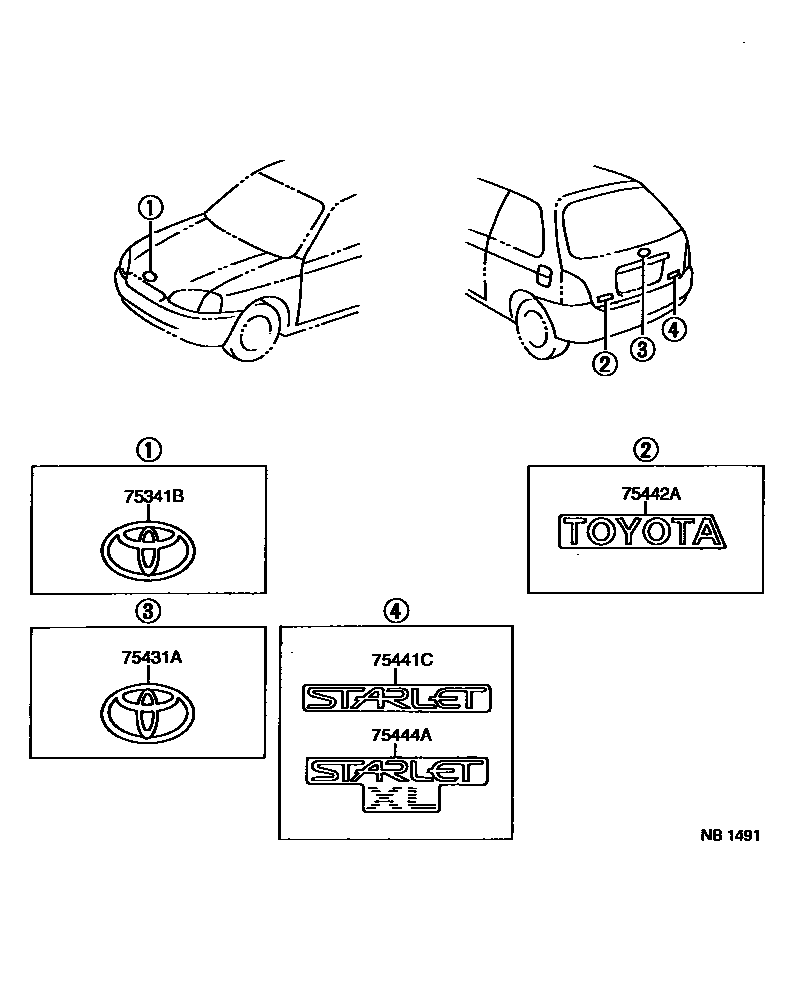 Emblem & name plate (exterior & interior) на Тойота Starlet EP90L -  Автозапчасти - Амаяма (Amayama)