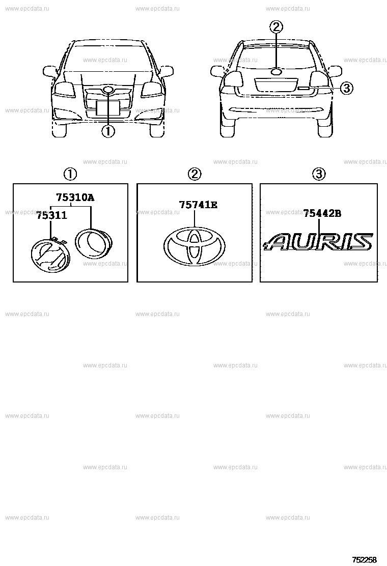 Эмблемы и названия для Toyota Auris E150, 1 поколение 10.2006 - 09.2009 -  Запчасти для Toyota - Каталоги оригинальных запчастей - Амаяма (Amayama)