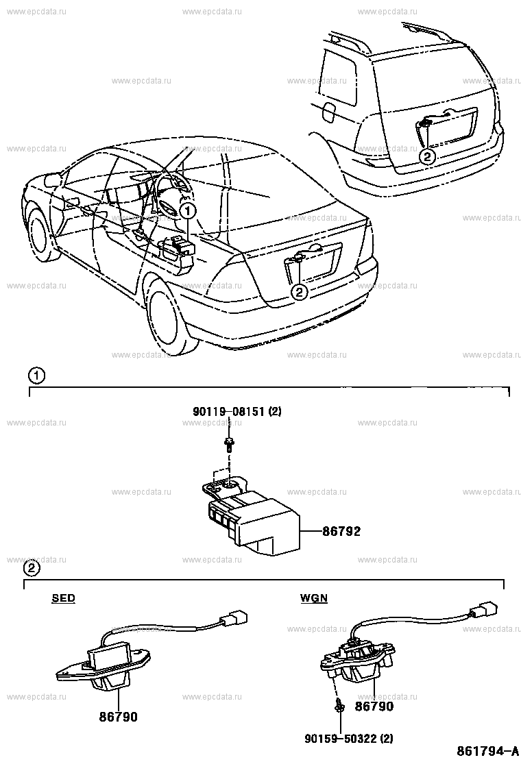 Камера заднего вида и дисплей для Toyota Corolla Fielder E120, 1 поколение,  рестайлинг 09.2002 - 03.2004 - Запчасти для Toyota - Каталоги оригинальных  запчастей - Амаяма (Amayama)