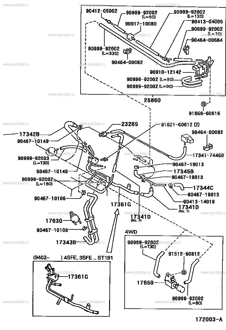 Вакуумные шланги для Toyota Caldina T190, 1 поколение 11.1992 - 07.2002 -  Запчасти для Toyota - Каталоги оригинальных запчастей - Амаяма (Amayama)