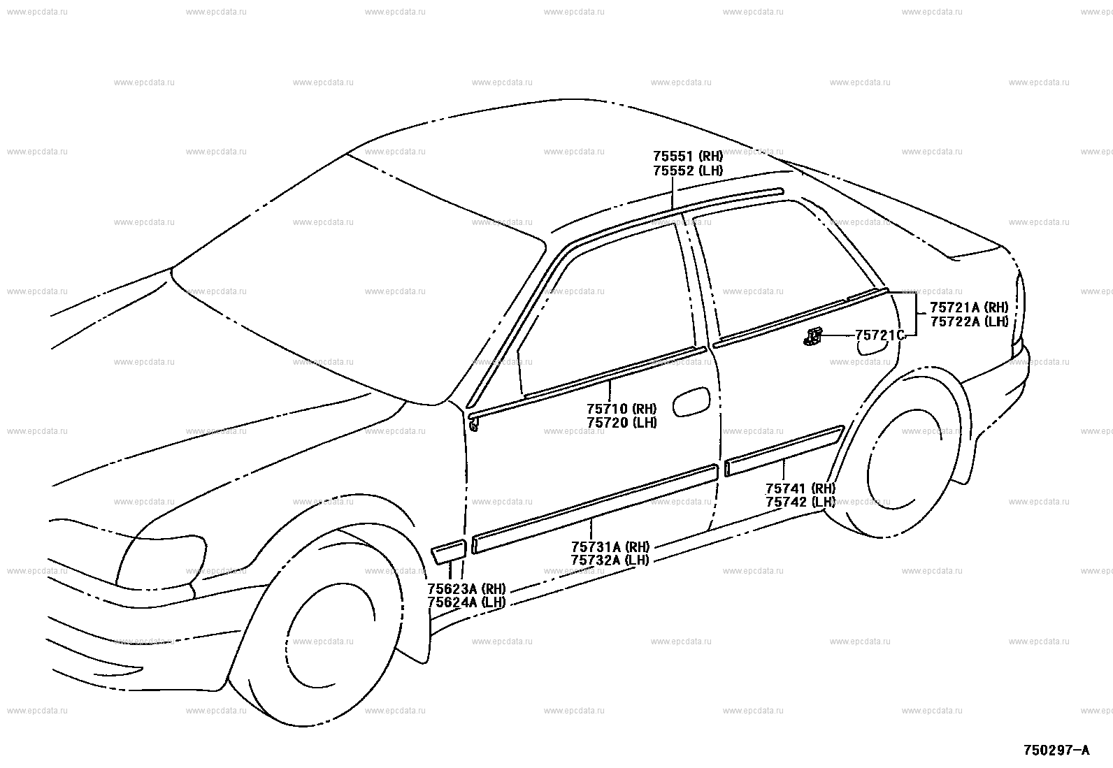 Side moulding for Toyota Sprinter E110, 8 generation, restyling 04.1997 ...