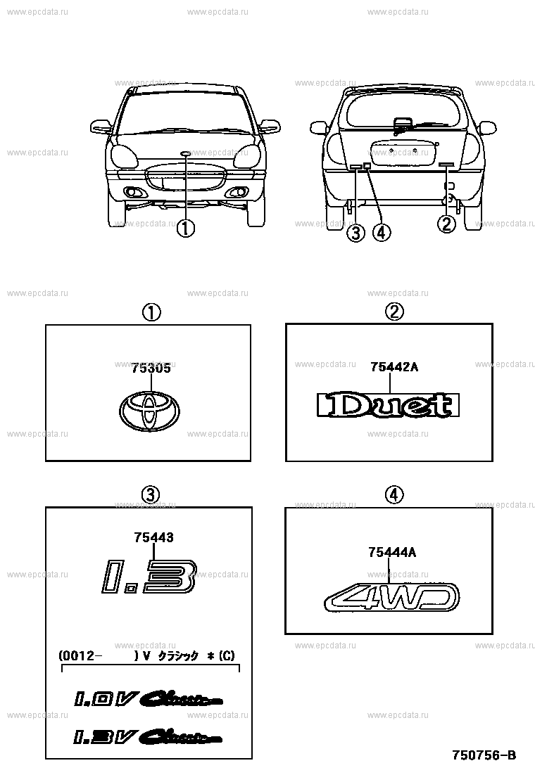 Эмблемы и названия для Toyota Duet M100, M110, 1 поколение, рестайлинг  05.2000 - 11.2001 - Запчасти для Toyota - Каталоги оригинальных запчастей -  Амаяма (Amayama)