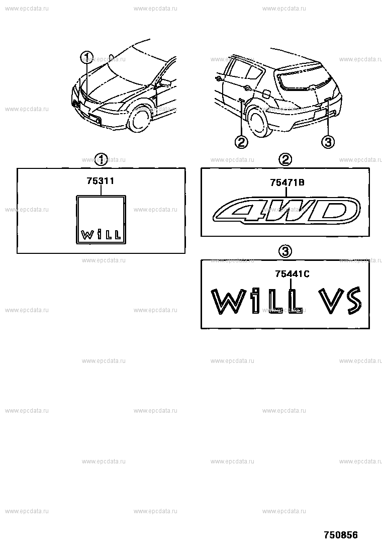 Эмблемы и названия для Toyota WiLL VS XE120, 1 поколение 04.2001 - 04.2004  - Запчасти для Toyota - Каталоги оригинальных запчастей - Амаяма (Amayama)