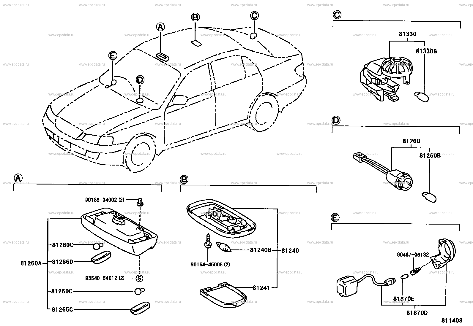 Лампа подсветки салона для Toyota Corona Premio T210, 1 поколение,  рестайлинг 12.1997 - 11.2001 - Запчасти для Toyota - Каталоги оригинальных  запчастей - Амаяма (Amayama)