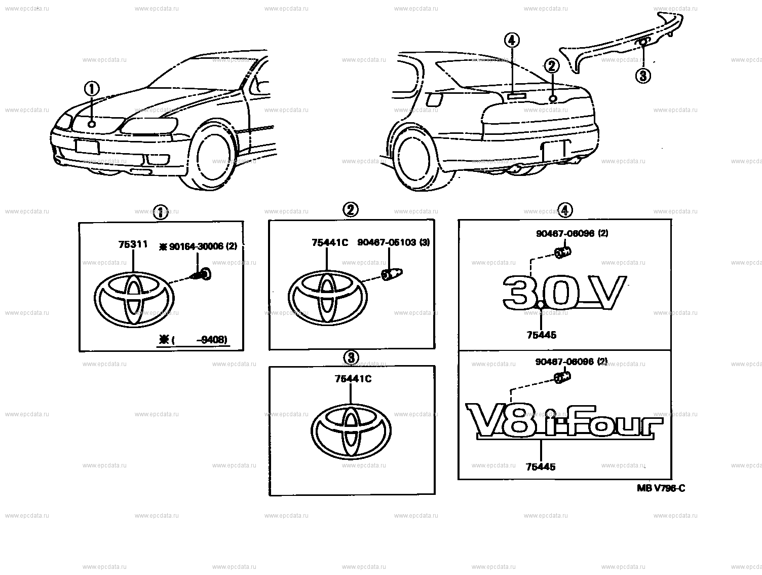 Эмблемы и названия для Toyota Aristo S140, 1 поколение 10.1991 - 07.1994 -  Запчасти для Toyota - Каталоги оригинальных запчастей - Амаяма (Amayama)