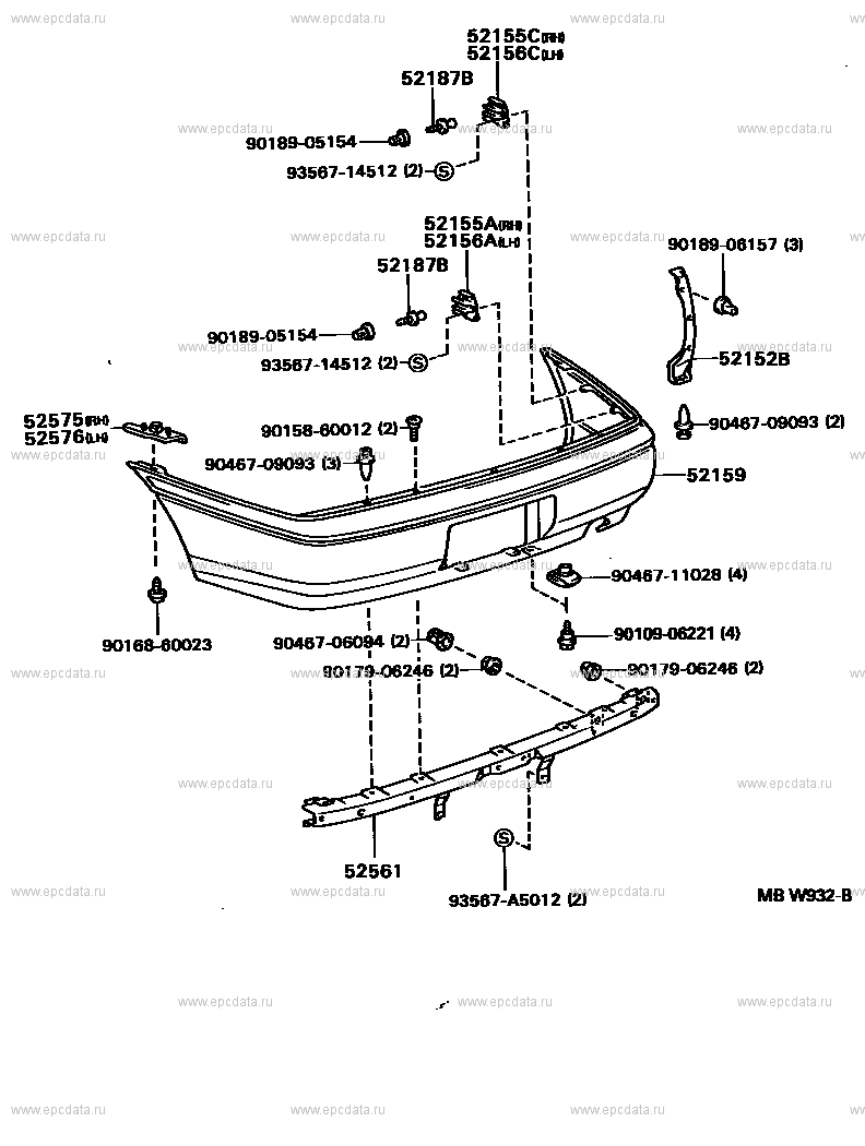 Задний бампер и крепления бампера для Toyota Carina T190, 6 поколение  08.1992 - 07.1994 - Запчасти для Toyota - Каталоги оригинальных запчастей -  Амаяма (Amayama)