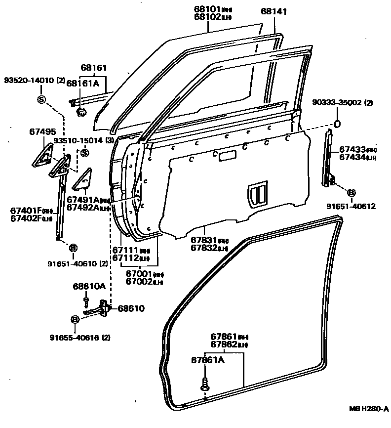 Front door panel & glass for Toyota Corolla AE82-EGMXE, 10.1984