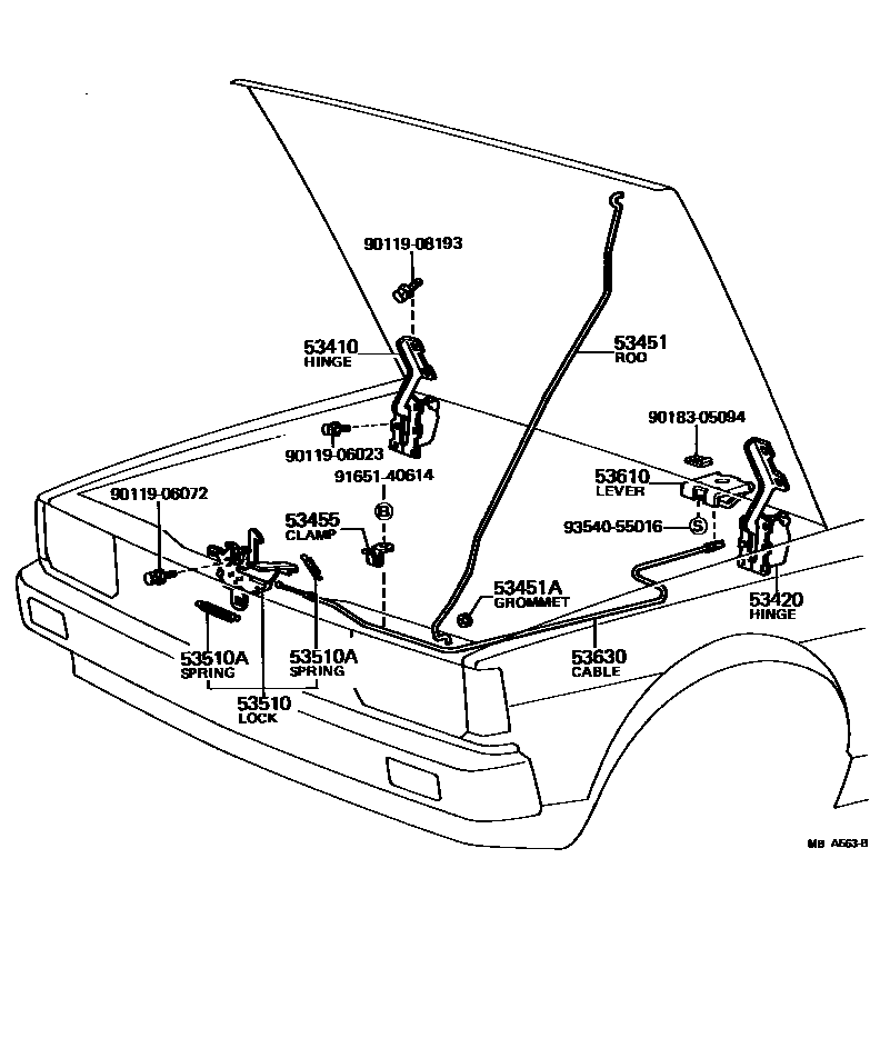 Hood lock & hinge for Toyota Corolla TE72L - Genuine parts - Amayama