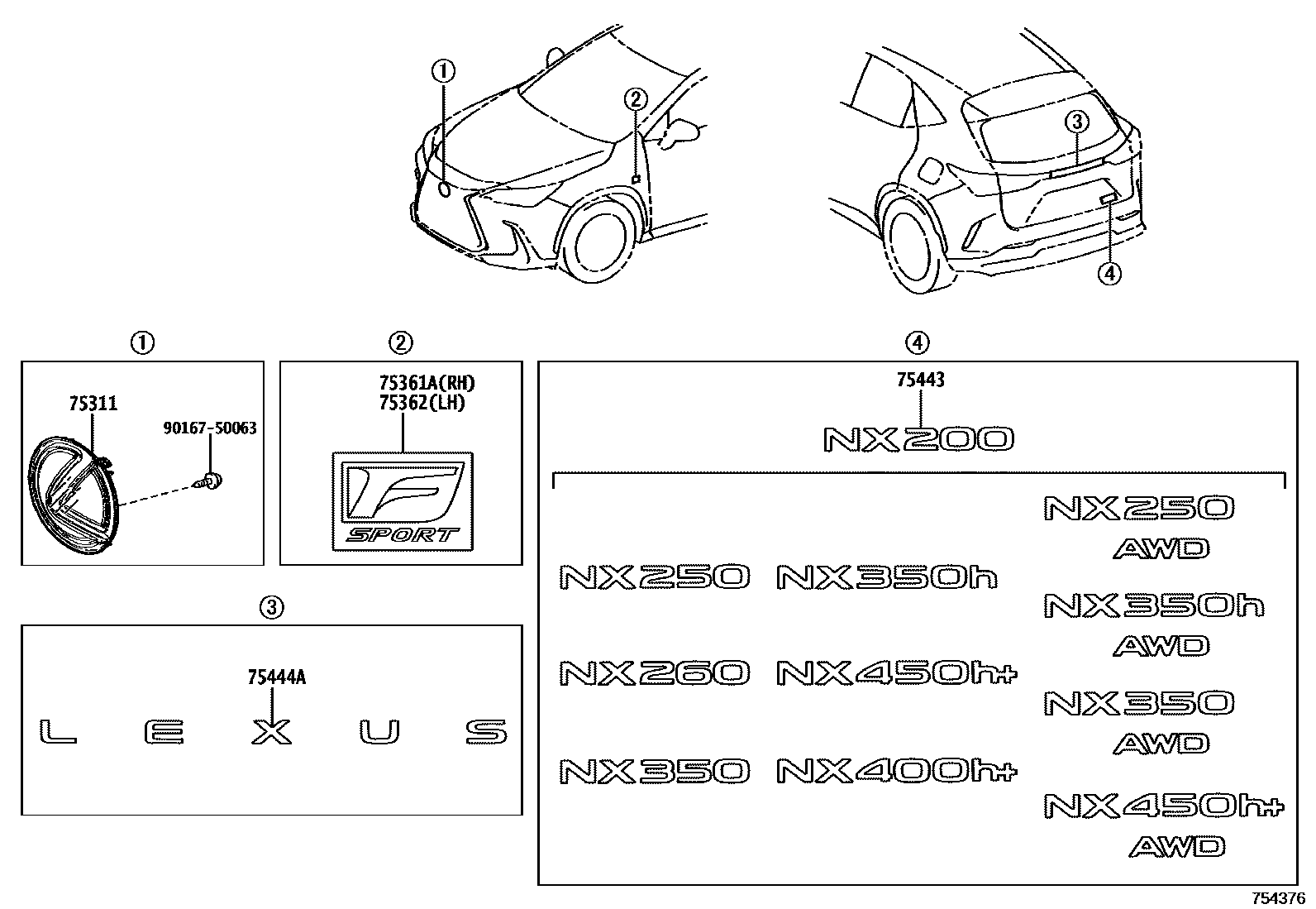 Эмблемы и названия для Lexus NX350h AZ20, 2 поколение 10.2021 - н.в. -  Запчасти для Lexus - Каталоги оригинальных запчастей - Амаяма (Amayama)